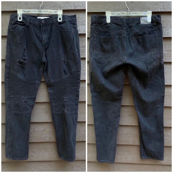 Bleecker & Mercer Black distressed moto grunge Slim Taper Fit  jeans Sz 38 x 31 - Picture 1 of 10